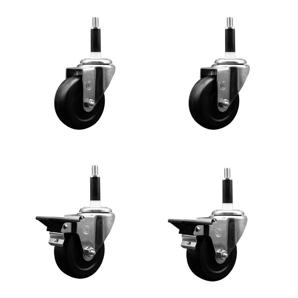 Soft Rubber Swivel Expanding Stem Caster Set of 4 with 3.5 Inch Black Wheels and 7/8" Stems - Includes 2 with Posi Locking Brakes - 800 lbs Total Capacity - Service Caster Brand — photo 1