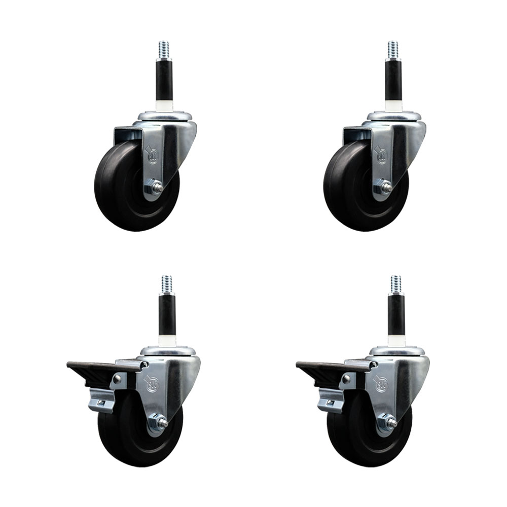 Hard Rubber Swivel Expanding Stem Caster Set of 4 w/3.5" x 1.25" Black Wheels and 7/8" Stems - Includes 2 with Posi Locking Brake - 1140 lbs Total Capacity - Service Caster Brand — photo 1