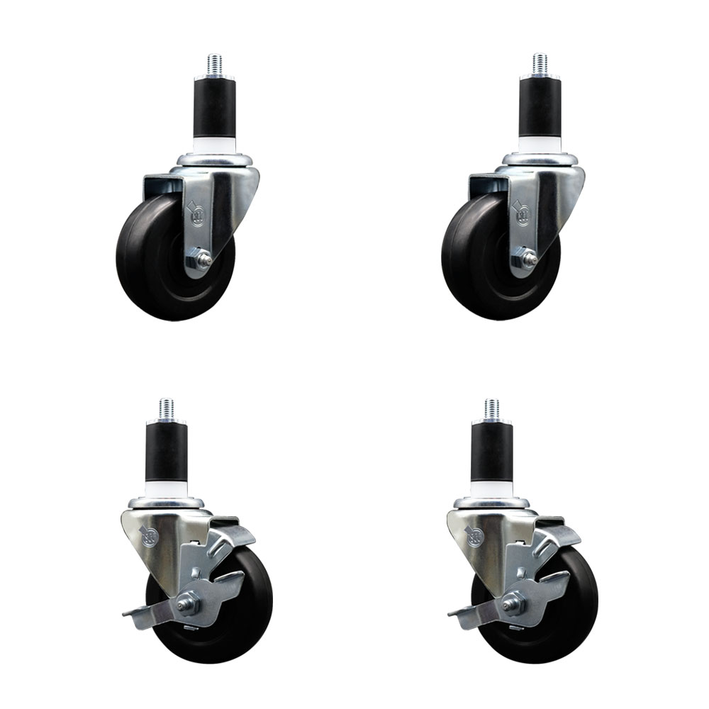 Soft Rubber Swivel Expanding Stem Caster Set of 4 with 3.5 Inch Black Wheels and 1-1/2" Stems - Includes 2 with Top Locking Brakes - 800 lbs Total Capacity - Service Caster Brand — photo 1