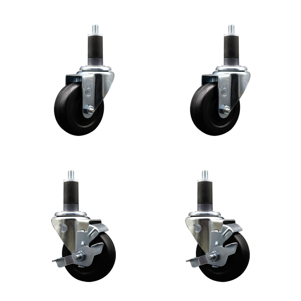 Stainless Steel Soft Rubber Swivel Expanding Stem Caster Set of 4 with 3.5 Inch Black Wheels and 1-1/4" Stems - Includes 2 with Top Locking Brakes - 800 lbs Total Capacity - Service Caster Brand — photo 1
