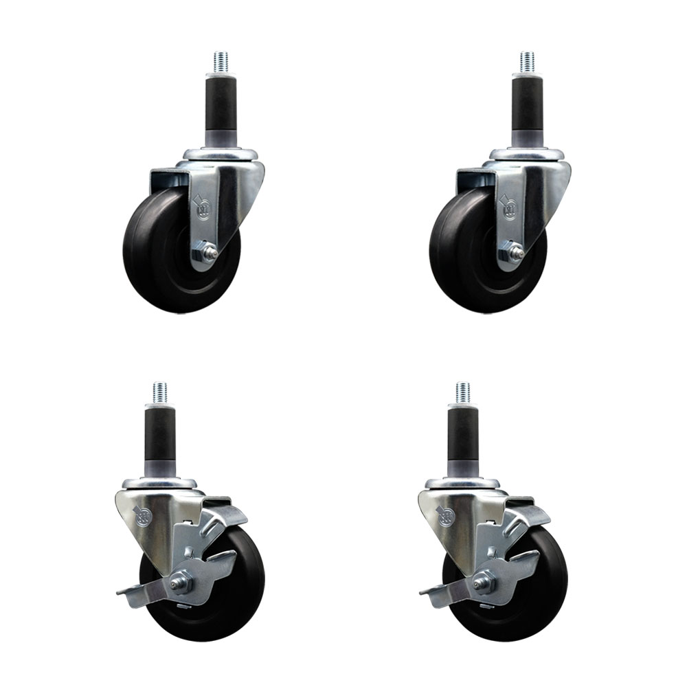 Stainless Steel Soft Rubber Swivel Expanding Stem Caster Set of 4 with 3.5 Inch Black Wheels and 1-1/8" Stems - Includes 2 with Top Locking Brakes - 800 lbs Total Capacity - Service Caster Brand — photo 1