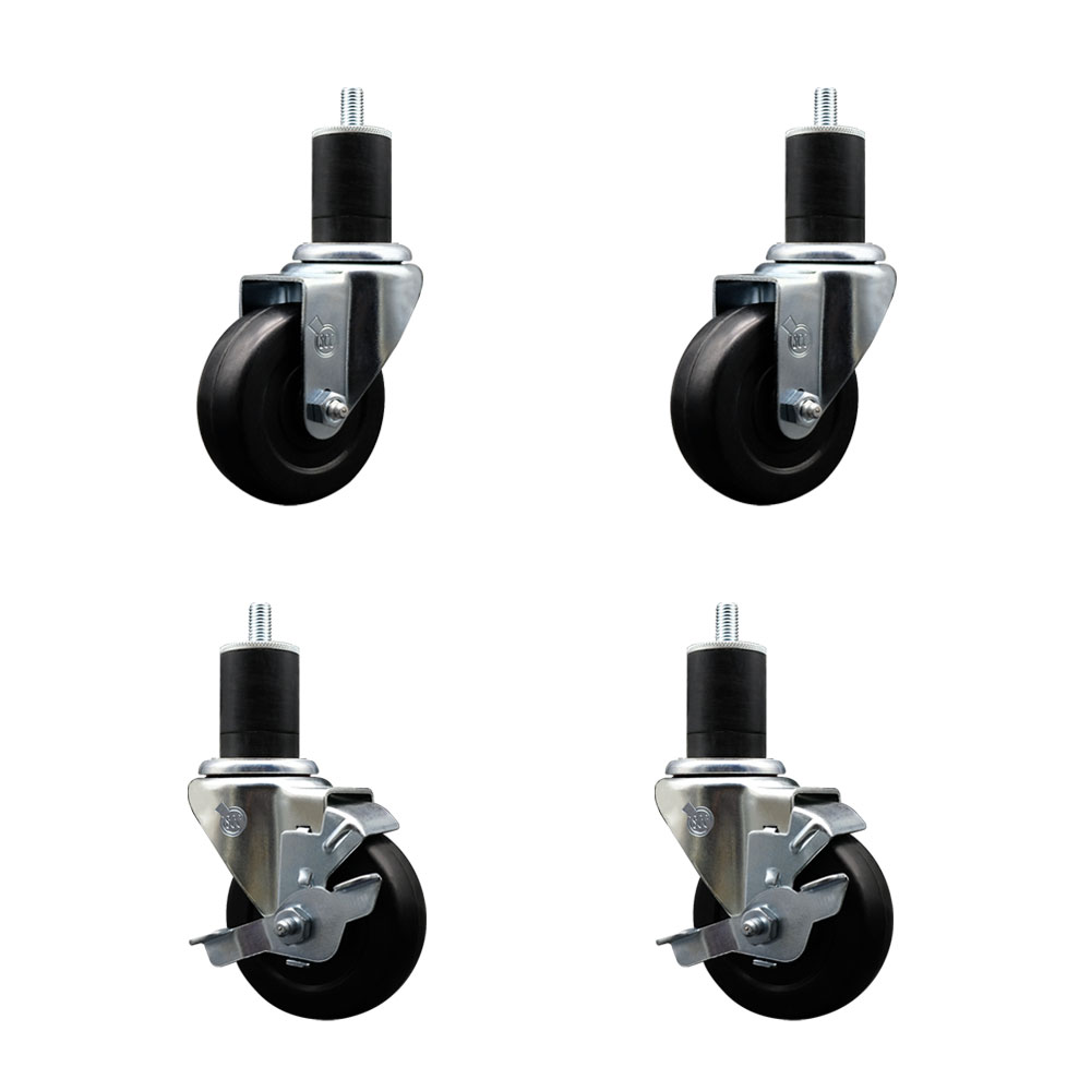 Stainless Steel Soft Rubber Swivel Expanding Stem Caster Set of 4 with 3.5 Inch Black Wheels and 1-3/4" Stems - Includes 2 with Top Locking Brakes - 800 lbs Total Capacity - Service Caster Brand — photo 1