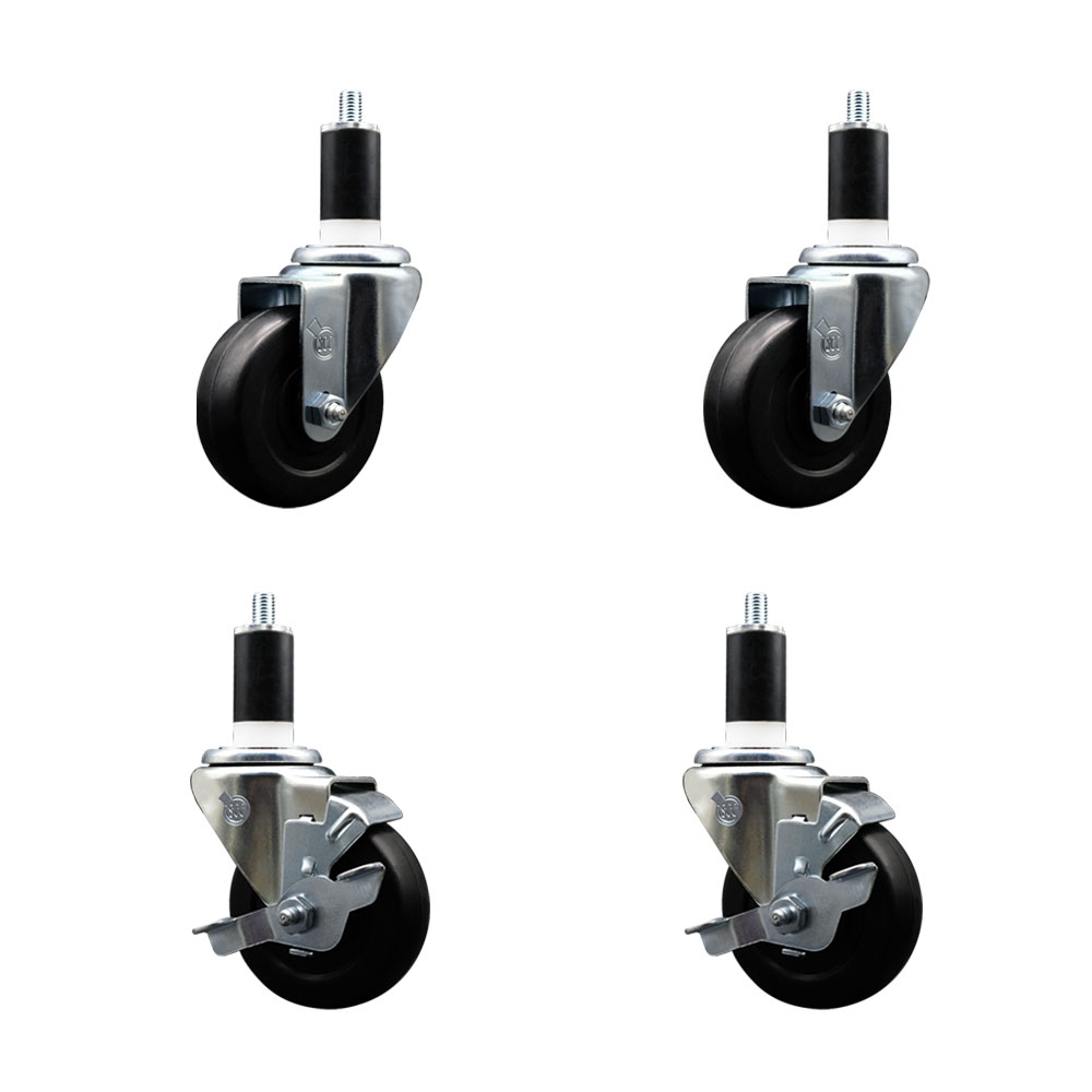 Soft Rubber Swivel Expanding Stem Caster Set of 4 with 3.5 Inch Black Wheels and 1-3/8" Stems - Includes 2 with Top Locking Brakes - 800 lbs Total Capacity - Service Caster Brand — photo 1