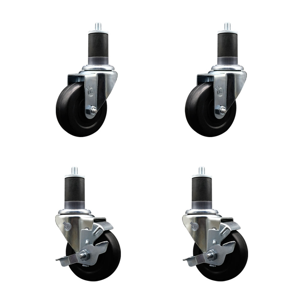 Soft Rubber Swivel Expanding Stem Caster Set of 4 with 3.5 Inch Black Wheels and 1-5/8" Stems - Includes 2 with Top Locking Brakes - 800 lbs Total Capacity - Service Caster Brand — photo 1