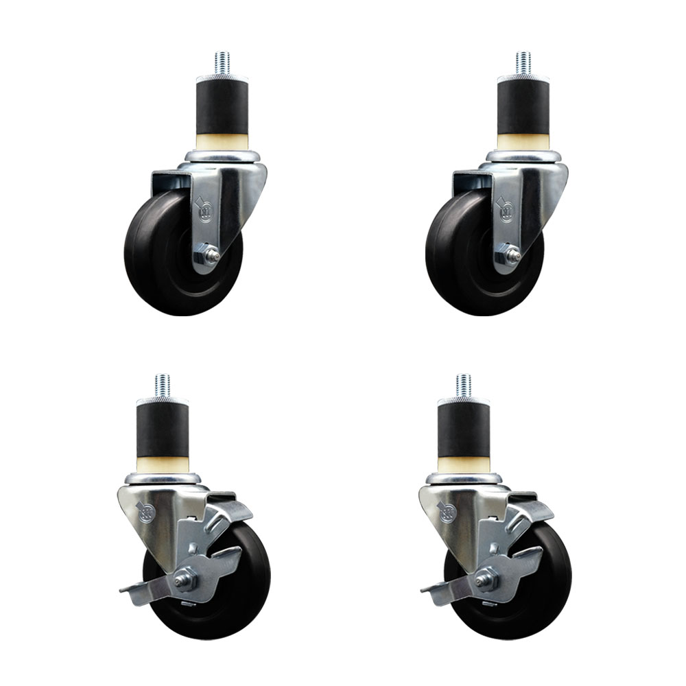 Soft Rubber Swivel Expanding Stem Caster Set of 4 with 3.5 Inch Black Wheels and 1-7/8" Stems - Includes 2 with Top Locking Brakes - 800 lbs Total Capacity - Service Caster Brand — photo 1
