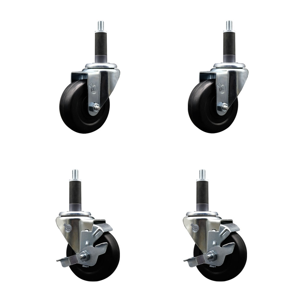 Soft Rubber Swivel Expanding Stem Caster Set of 4 with 3.5 Inch Black Wheels and 1" Stems - Includes 2 with Top Locking Brakes - 800 lbs Total Capacity - Service Caster Brand — photo 1
