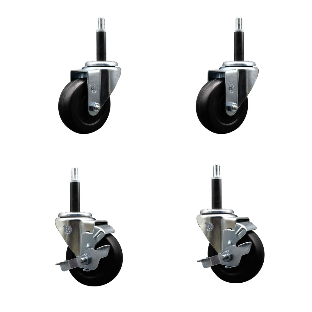 Stainless Steel Soft Rubber Swivel Expanding Stem Caster Set of 4 with 3.5 Inch Black Wheels and 3/4" Stems - Includes 2 with Top Locking Brakes - 800 lbs Total Capacity - Service Caster Brand — photo 1
