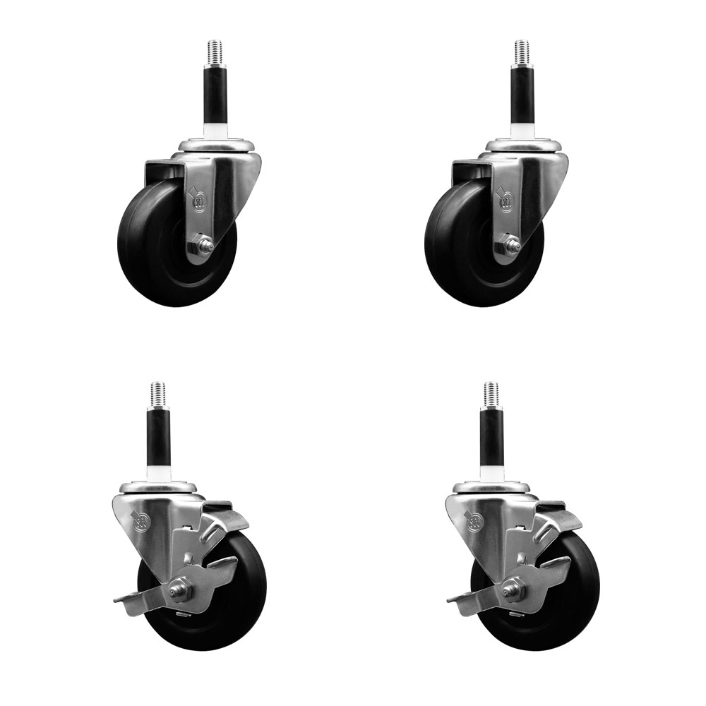 Stainless Steel Soft Rubber Swivel Expanding Stem Caster Set of 4 with 3.5 Inch Black Wheels and 7/8" Stems - Includes 2 with Top Locking Brakes - 800 lbs Total Capacity - Service Caster Brand — photo 1