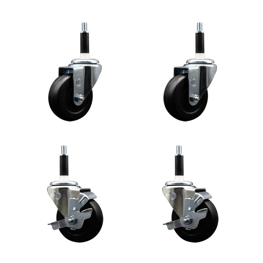 Hard Rubber Swivel Expanding Stem Caster Set of 4 w/3.5" x 1.25" Black Wheels and 7/8" Stems - Includes 2 with Top Locking Brake - 1140 lbs Total Capacity - Service Caster Brand — photo 1