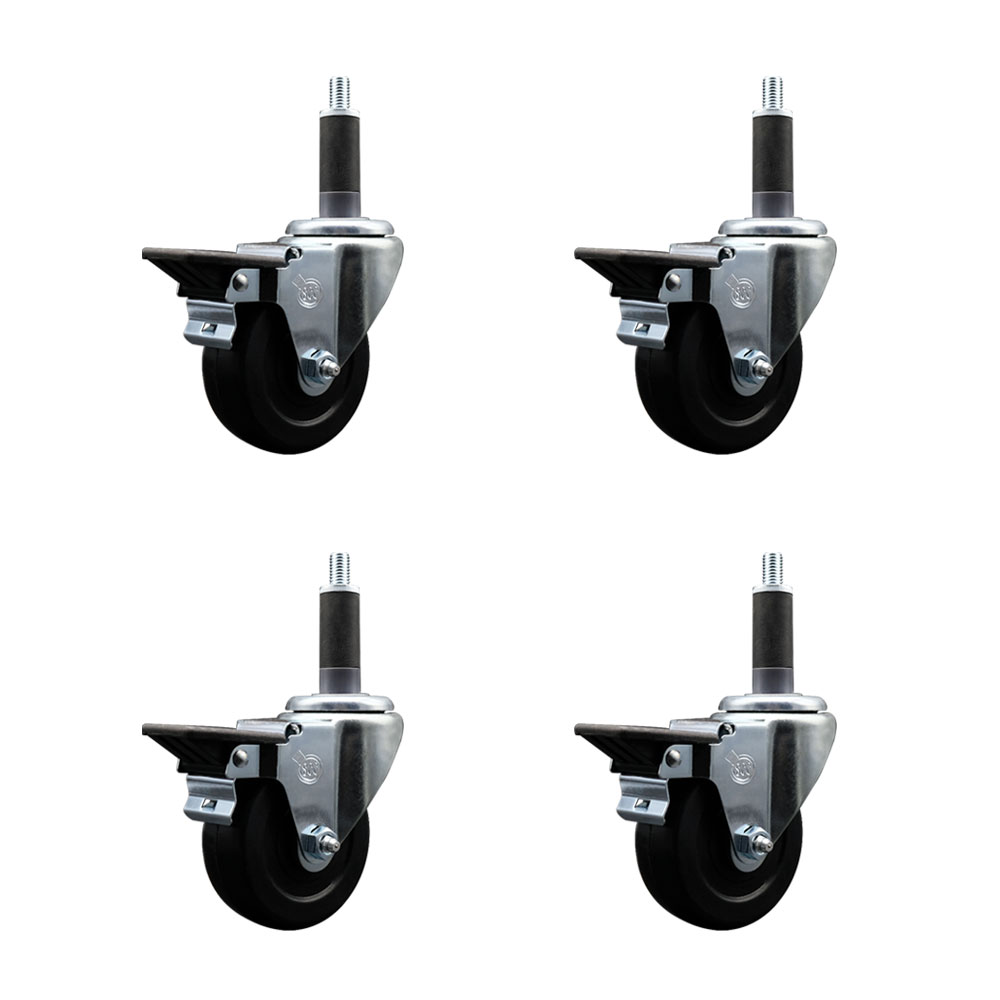Soft Rubber Swivel Expanding Stem Caster Set of 4 with 3.5 Inch Black Wheels and 1" Stems - Includes 4 Swivel with Posi Locking Brakes - 200 lbs. Capacity Per Caster - Service Caster Brand — photo 1