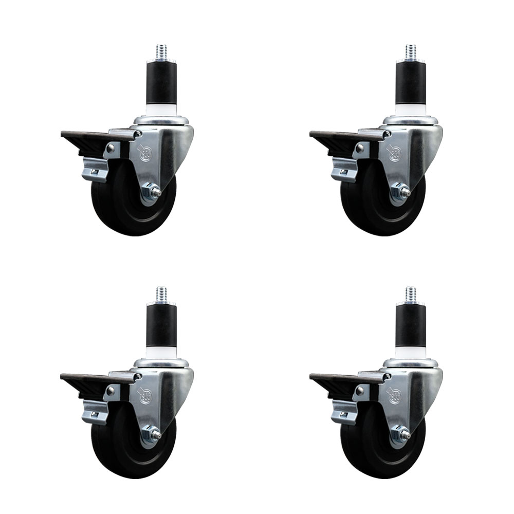 Hard Rubber Swivel Expanding Stem Caster Set of 4 w/3.5" x 1.25" Black Wheels and 1-1/2" Stems - Includes 4 with Posi Lock Brakes - 1140 lbs Total Capacity - Service Caster Brand — photo 1