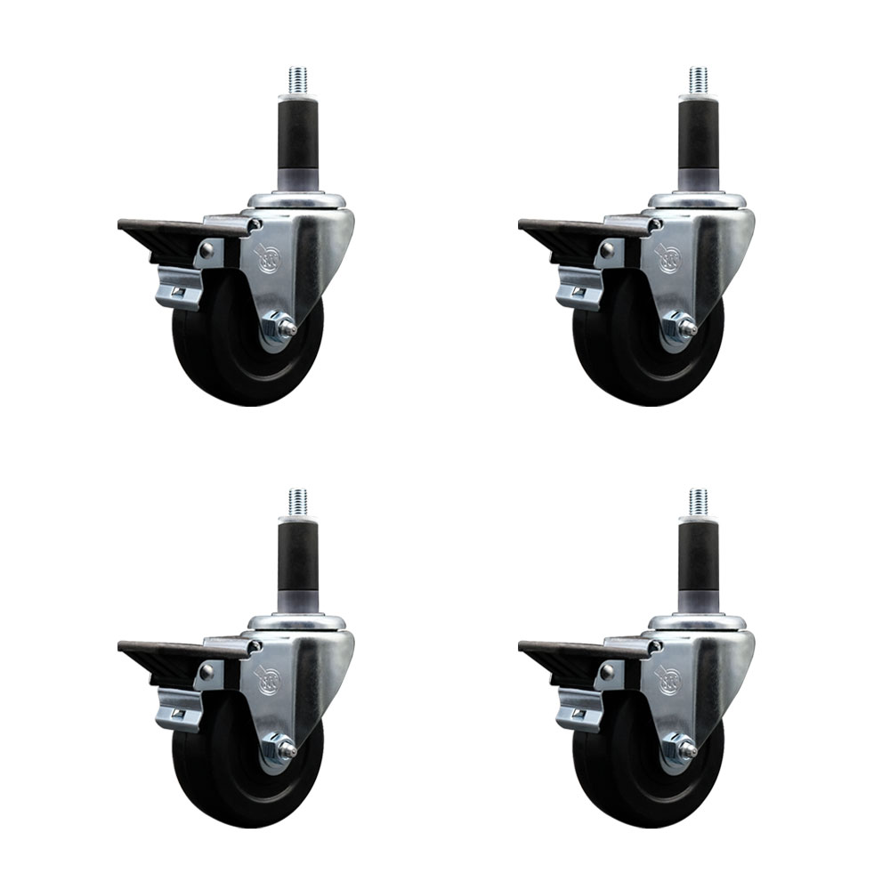 Hard Rubber Swivel Expanding Stem Caster Set of 4 w/3.5" x 1.25" Black Wheels and 1-1/8" Stems - Includes 4 with Posi Lock Brakes - 1140 lbs Total Capacity - Service Caster Brand — photo 1