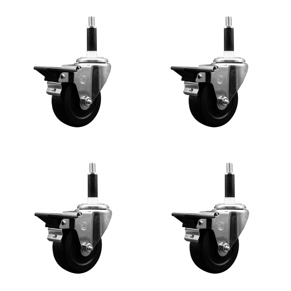 Soft Rubber Swivel Expanding Stem Caster Set of 4 with 3.5 Inch Black Wheels and 7/8" Stems - Includes 4 Swivel with Posi Locking Brakes - 200 lbs. Capacity Per Caster - Service Caster Brand — photo 1