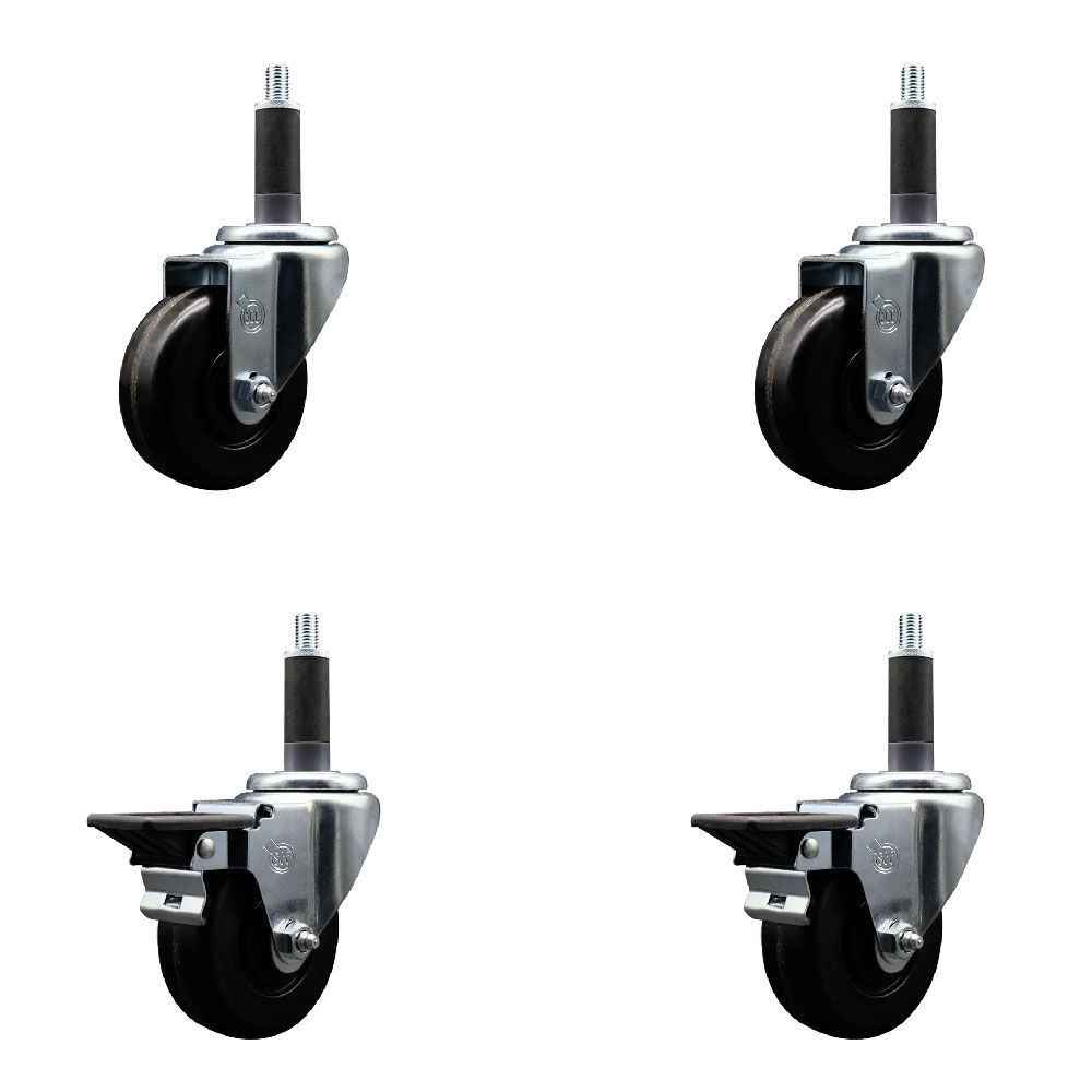 Phenolic Swivel Expanding Stem Caster Set of 4 w/Roller Bearings - 3.5" x 1.25" Black Wheels and 1" Stems - Includes 2 with Posi Locking Brakes - 1200 lbs Total Capacity - Service Caster Brand — photo 1
