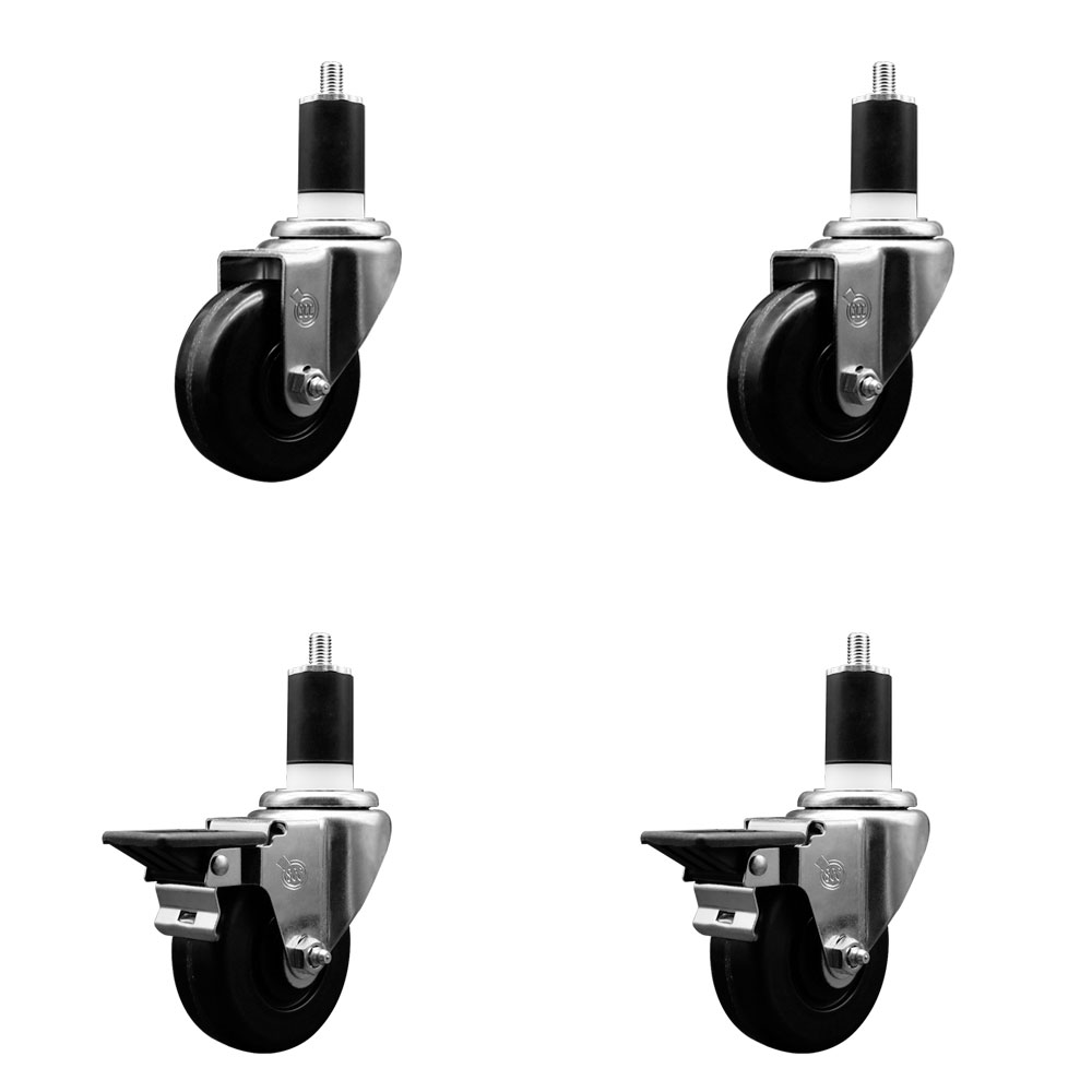 Phenolic Swivel Expanding Stem Caster Set of 4 with 3-1/2 Inch Black Wheels and 1-1/2" Stems - Includes 2 with Posi Locking Brakes - 1200 lbs Total Capacity - Service Caster Brand — photo 1