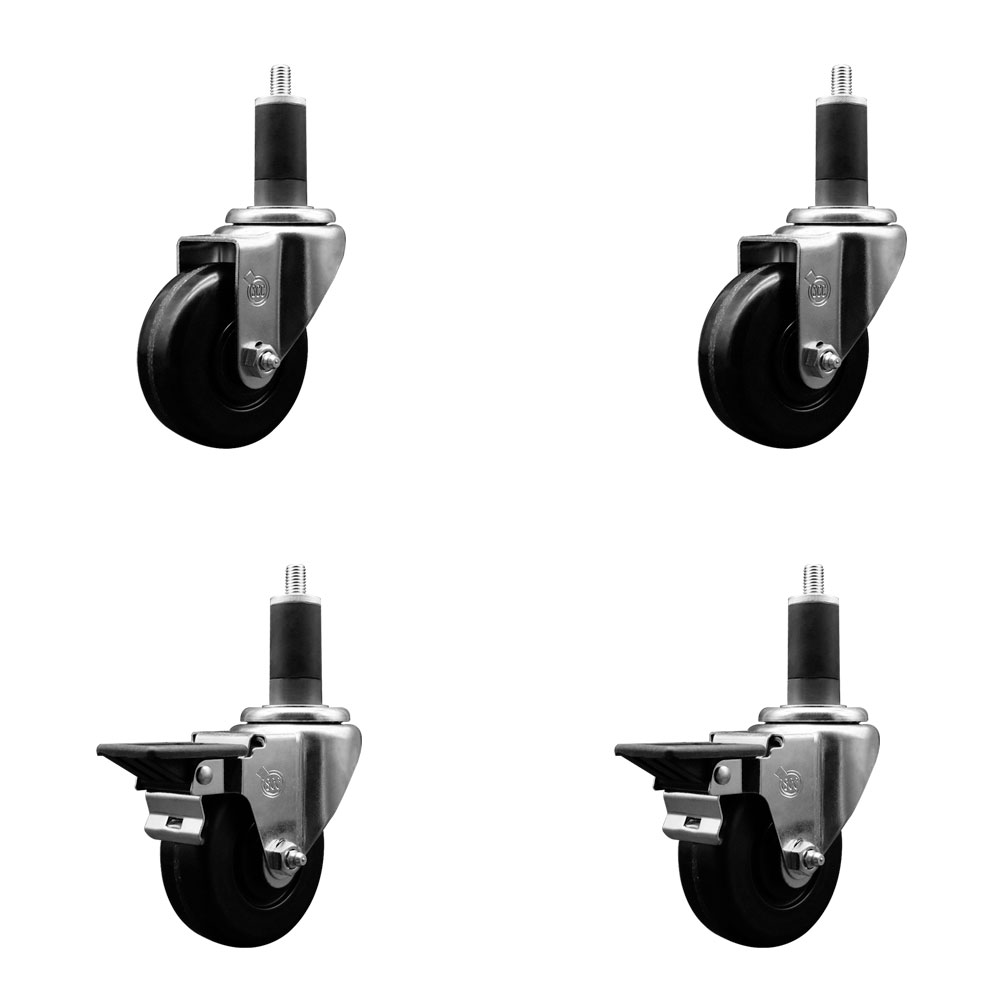 Phenolic Swivel Expanding Stem Caster Set of 4 with 3-1/2 Inch Black Wheels and 1-1/4" Stems - Includes 2 with Posi Locking Brakes - 1200 lbs Total Capacity - Service Caster Brand — photo 1