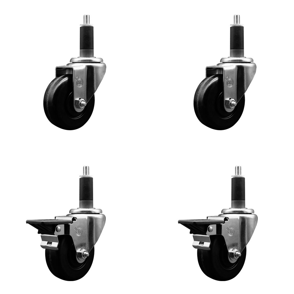 Phenolic Swivel Expanding Stem Caster Set of 4 w/Roller Bearings - 3.5" x 1.25" Black Wheels and 1-1/8" Stems - Includes 2 with Posi Locking Brakes - 1200 lbs Total Capacity - Service Caster Brand — photo 1