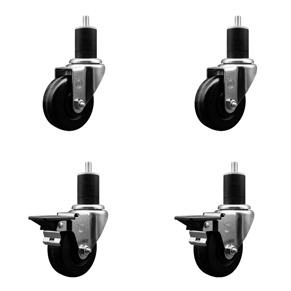 Phenolic Swivel Expanding Stem Caster Set of 4 with 3-1/2 Inch Black Wheels and 1-3/4" Stems - Includes 2 with Posi Locking Brakes - 1200 lbs Total Capacity - Service Caster Brand — photo 1