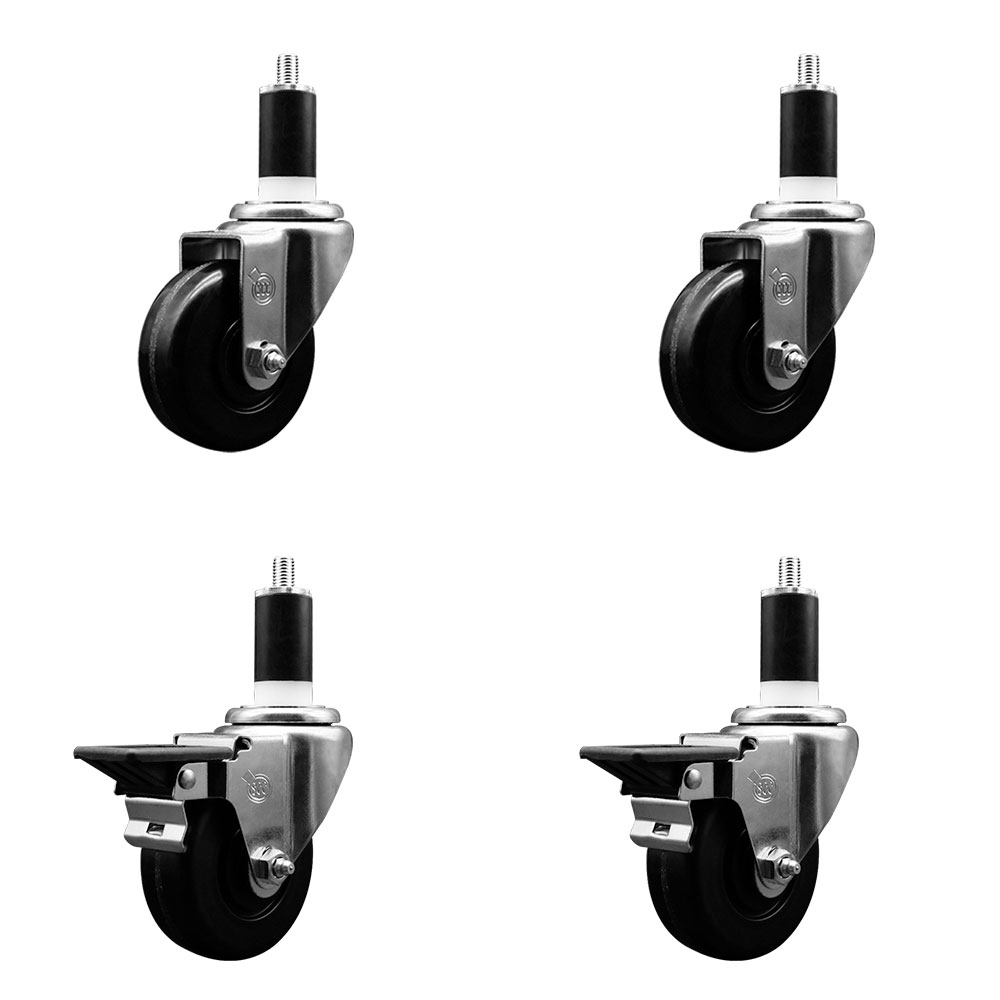 Phenolic Swivel Expanding Stem Caster Set of 4 w/Roller Bearings - 3.5" x 1.25" Black Wheels and 1-3/8" Stems - Includes 2 with Posi Locking Brakes - 1200 lbs Total Capacity - Service Caster Brand — photo 1