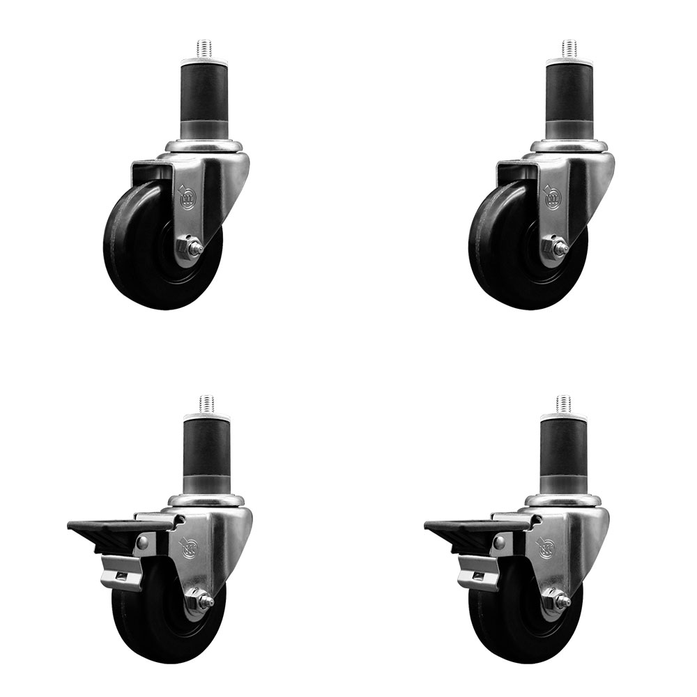 Phenolic Swivel Expanding Stem Caster Set of 4 w/Roller Bearings - 3.5" x 1.25" Black Wheels and 1-5/8" Stems - Includes 2 with Posi Locking Brakes - 1200 lbs Total Capacity - Service Caster Brand — photo 1