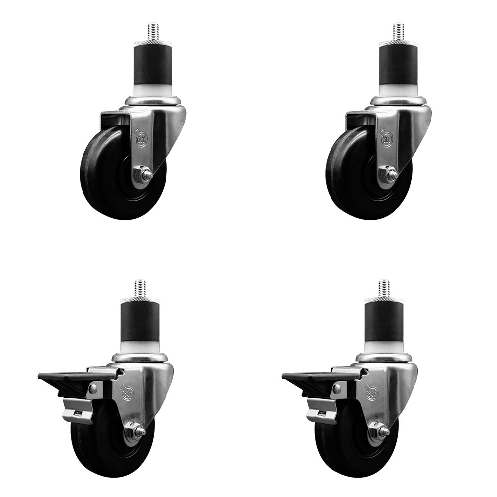 Phenolic Swivel Expanding Stem Caster Set of 4 w/Roller Bearings - 3.5" x 1.25" Black Wheels and 1-7/8" Stems - Includes 2 with Posi Locking Brakes - 1200 lbs Total Capacity - Service Caster Brand — photo 1
