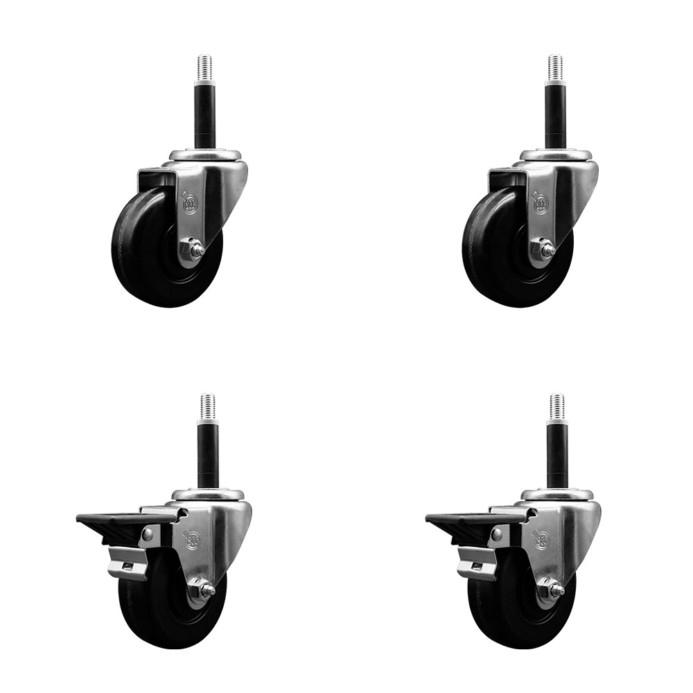 Phenolic Swivel Expanding Stem Caster Set of 4 with 3-1/2 Inch Black Wheels and 3/4" Stems - Includes 2 with Posi Locking Brakes - 1200 lbs Total Capacity - Service Caster Brand — photo 1