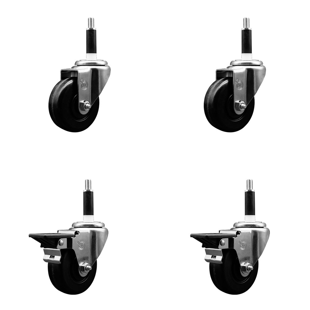 Phenolic Swivel Expanding Stem Caster Set of 4 with 3-1/2 Inch Black Wheels and 7/8" Stems - Includes 2 with Posi Locking Brakes - 1200 lbs Total Capacity - Service Caster Brand — photo 1