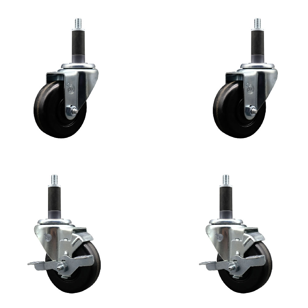 Phenolic Swivel Expanding Stem Caster Set of 4 w/Roller Bearings - 3.5" x 1.25" Black Wheels and 1" Stems - Includes 2 with Top Locking Brakes - 1200 lbs Total Capacity - Service Caster Brand — photo 1