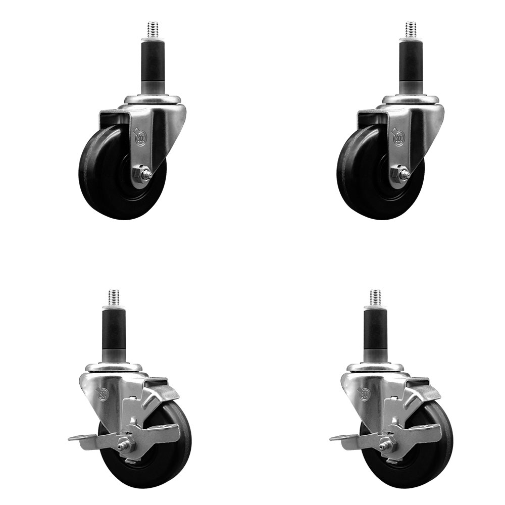 Phenolic Swivel Expanding Stem Caster Set of 4 w/Roller Bearings - 3.5" x 1.25" Black Wheels and 1-1/8" Stems - Includes 2 with Top Locking Brakes - 1200 lbs Total Capacity - Service Caster Brand — photo 1