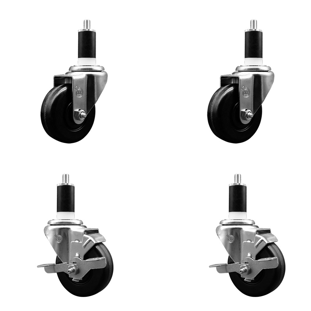 Phenolic Swivel Expanding Stem Caster Set of 4 w/Roller Bearings - 3.5" x 1.25" Black Wheels and 1-3/8" Stems - Includes 2 with Top Locking Brakes - 1200 lbs Total Capacity - Service Caster Brand — photo 1