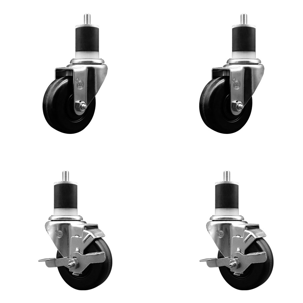 Phenolic Swivel Expanding Stem Caster Set of 4 w/Roller Bearings - 3.5" x 1.25" Black Wheels and 1-7/8" Stems - Includes 2 with Top Locking Brakes - 1200 lbs Total Capacity - Service Caster Brand — photo 1