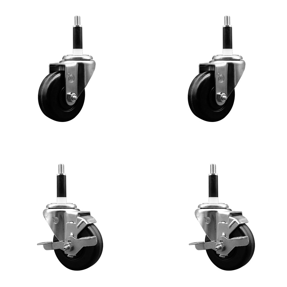 Phenolic Swivel Expanding Stem Caster Set of 4 w/Roller Bearings - 3.5" x 1.25" Black Wheels and 7/8" Stems - Includes 2 with Top Locking Brakes - 1200 lbs Total Capacity - Service Caster Brand — photo 1