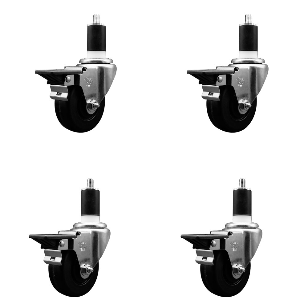 Phenolic Swivel Expanding Stem Caster Set of 4 with Roller Bearings - 3.5" x 1.25" Black Wheels and 1-1/2" Stems - Includes 4 with Posi Lock Brakes - 1200 lbs Total Capacity - Service Caster Brand — photo 1