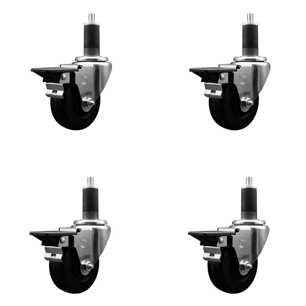 Phenolic Swivel Expanding Stem Caster Set of 4 with Roller Bearings - 3.5" x 1.25" Black Wheels and 1-1/4" Stems - Includes 4 with Posi Lock Brakes - 1200 lbs Total Capacity - Service Caster Brand — photo 1