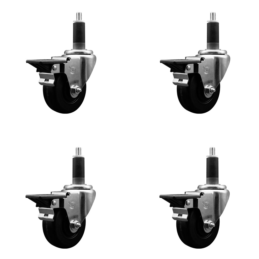 Phenolic Swivel Expanding Stem Caster Set of 4 with Roller Bearings - 3.5" x 1.25" Black Wheels and 1-1/8" Stems - Includes 4 with Posi Lock Brakes - 1200 lbs Total Capacity - Service Caster Brand — photo 1