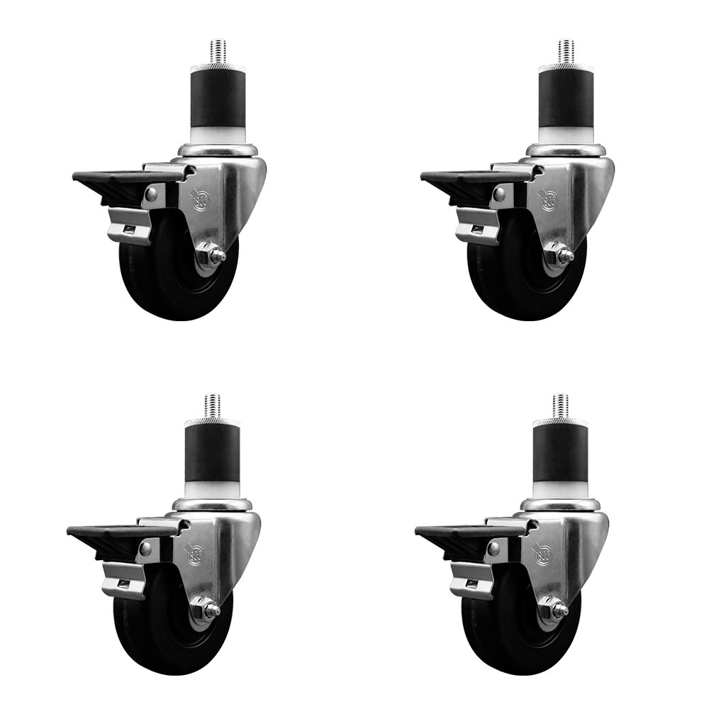 Phenolic Swivel Expanding Stem Caster Set of 4 with Roller Bearings - 3.5" x 1.25" Black Wheels and 1-7/8" Stems - Includes 4 with Posi Lock Brakes - 1200 lbs Total Capacity - Service Caster Brand — photo 1