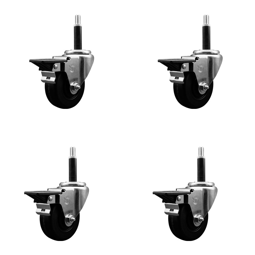 Phenolic Swivel Expanding Stem Caster Set of 4 with Roller Bearings - 3.5" x 1.25" Black Wheels and 3/4" Stems - Includes 4 with Posi Lock Brakes - 1200 lbs Total Capacity - Service Caster Brand — photo 1