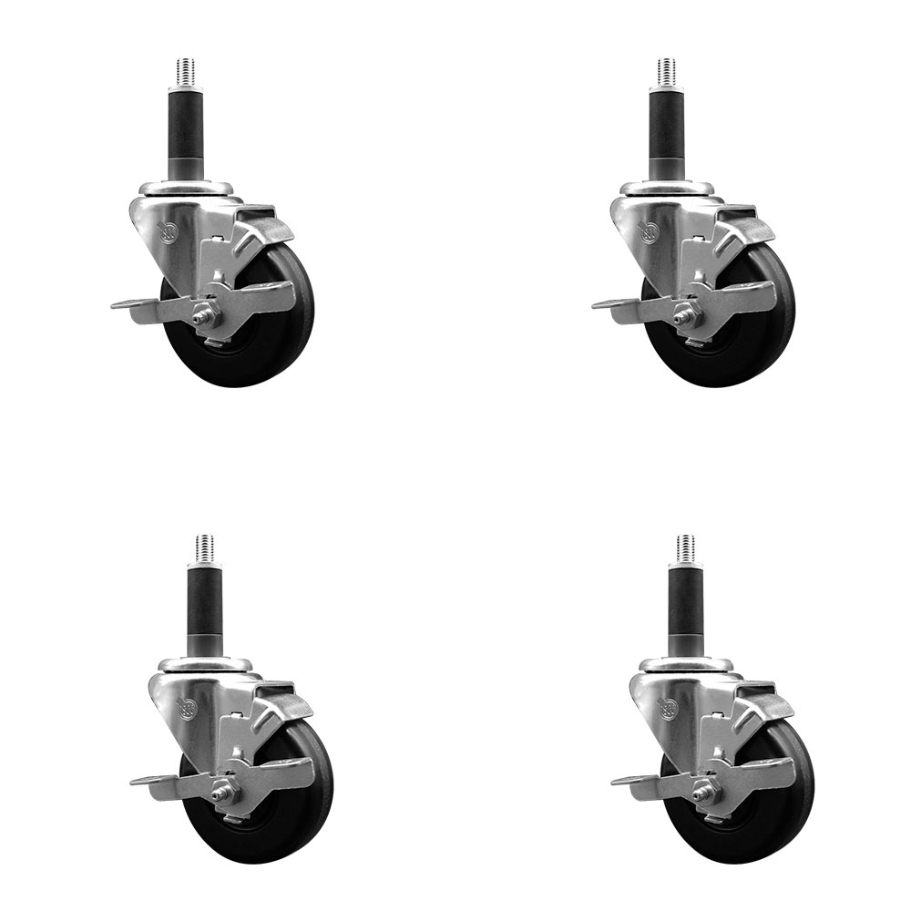 Phenolic Swivel Expanding Stem Caster Set of 4 with Roller Bearings - 3.5" x 1.25" Black Wheels and 1" Stems - Includes 4 with Top Lock Brakes - 1200 lbs Total Capacity - Service Caster Brand — photo 1