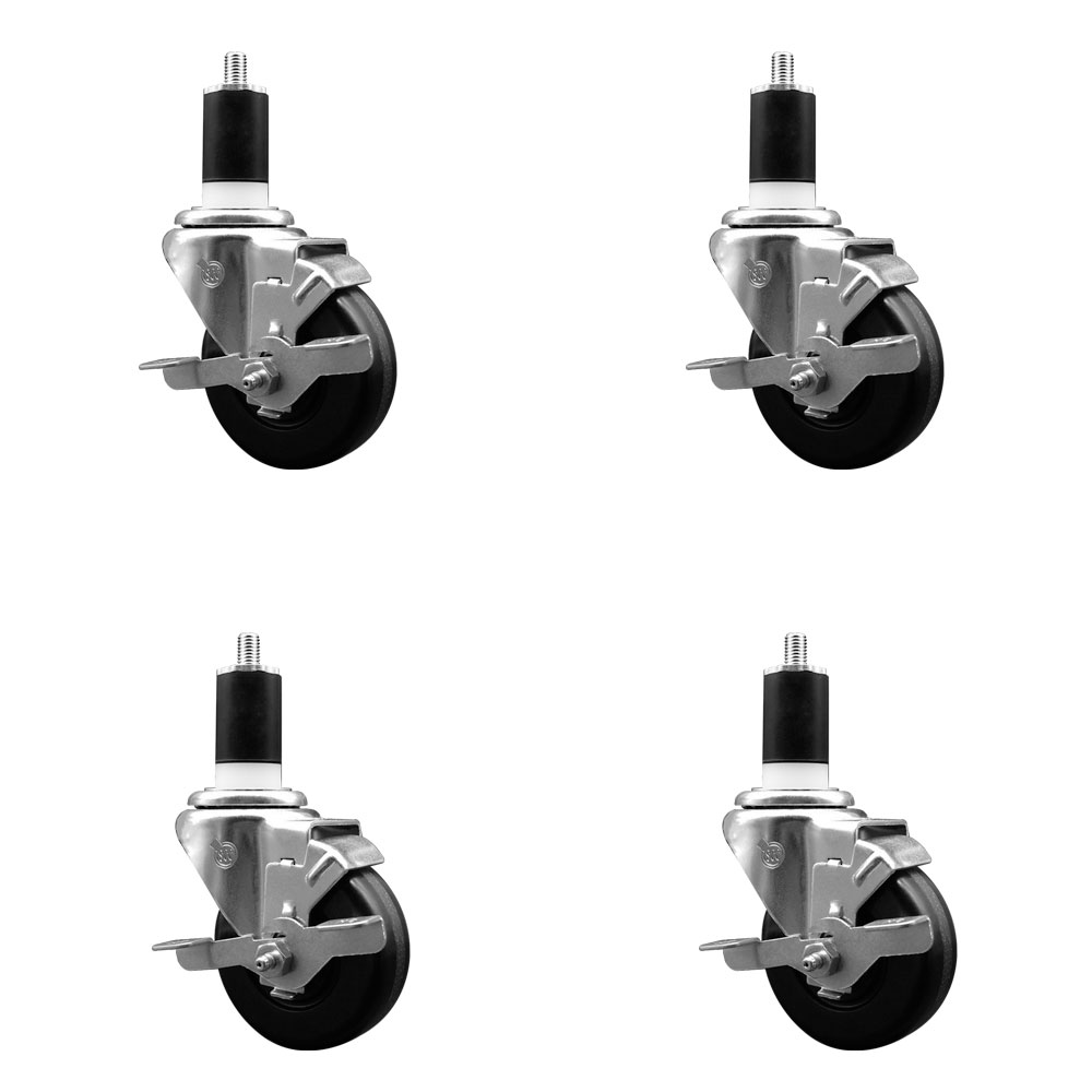 Phenolic Swivel Expanding Stem Caster Set of 4 with Roller Bearings - 3.5" x 1.25" Black Wheels and 1-1/2" Stems - Includes 4 with Top Lock Brakes - 1200 lbs Total Capacity - Service Caster Brand — photo 1