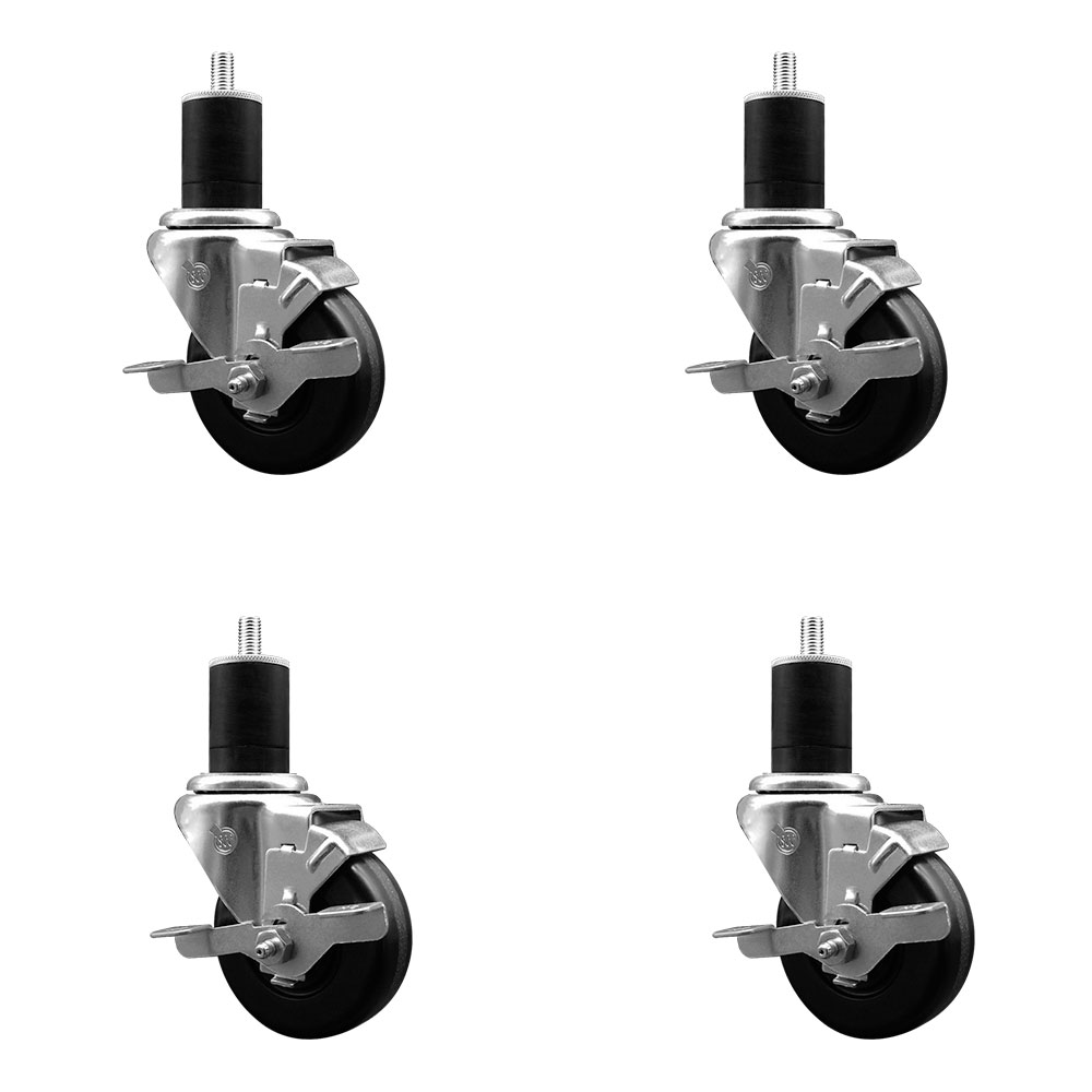 Phenolic Swivel Expanding Stem Caster Set of 4 with Roller Bearings - 3.5" x 1.25" Black Wheels and 1-3/4" Stems - Includes 4 with Top Lock Brakes - 1200 lbs Total Capacity - Service Caster Brand — photo 1