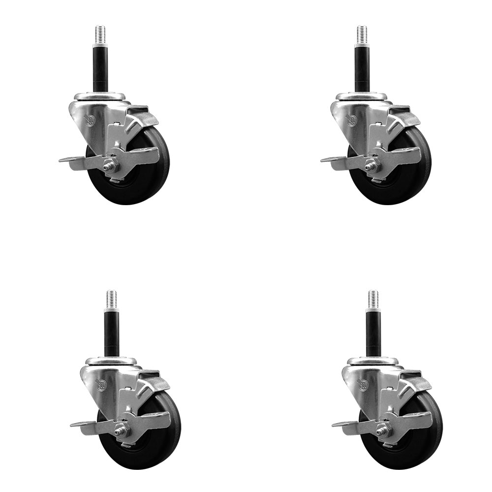 Phenolic Swivel Expanding Stem Caster Set of 4 with Roller Bearings - 3.5" x 1.25" Black Wheels and 3/4" Stems - Includes 4 with Top Lock Brakes - 1200 lbs Total Capacity - Service Caster Brand — photo 1