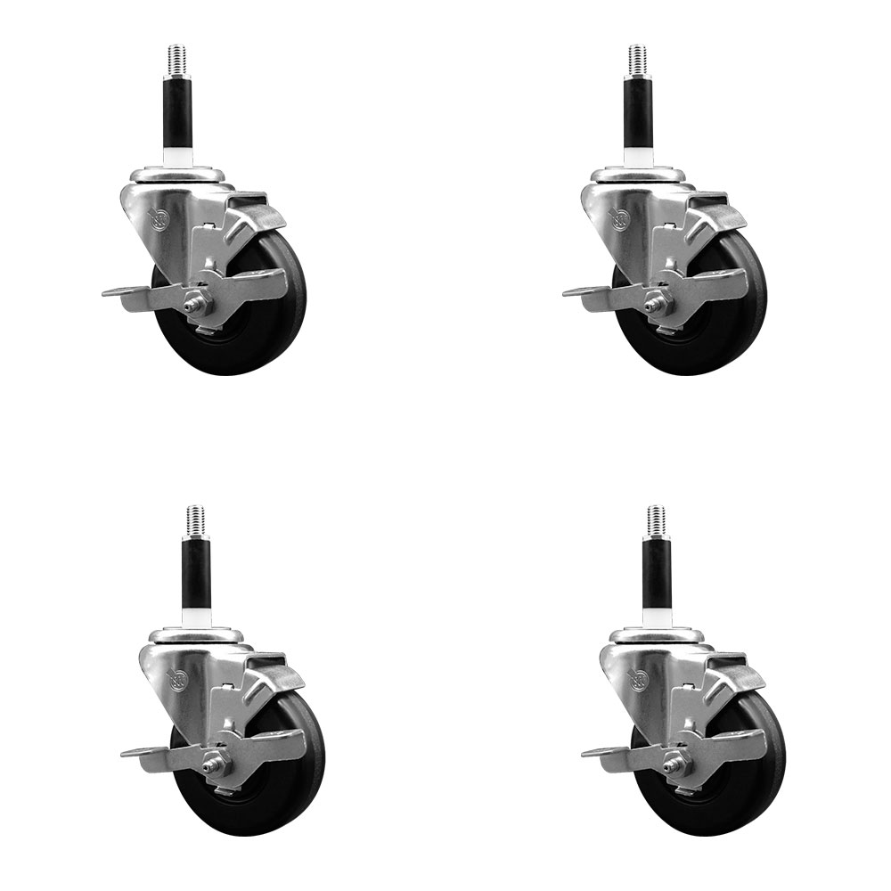 Phenolic Swivel Expanding Stem Caster Set of 4 with Roller Bearings - 3.5" x 1.25" Black Wheels and 7/8" Stems - Includes 4 with Top Lock Brakes - 1200 lbs Total Capacity - Service Caster Brand — photo 1