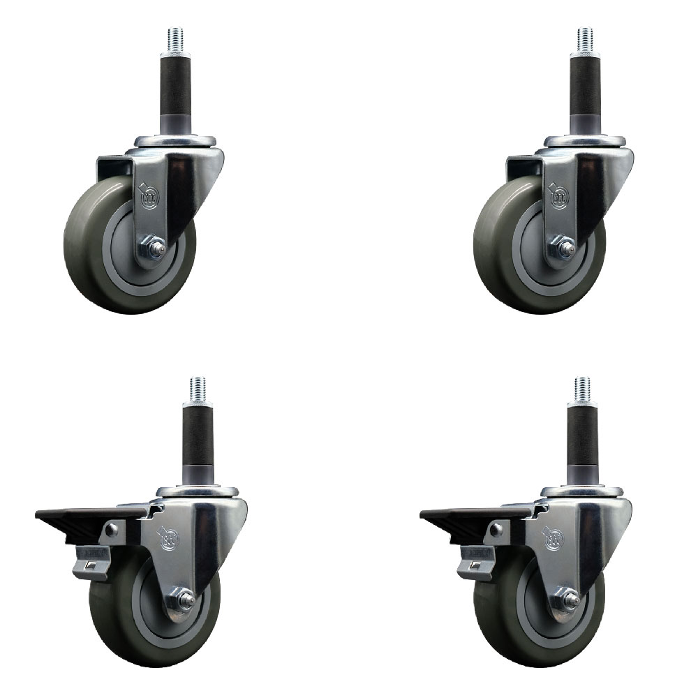 Polyurethane Swivel Expanding Stem Caster Set of 4 with 3.5 Inch Gray Wheels and 1" Stems - Includes 2 with Posi Locking Brakes - 1200 lbs Total Capacity - Service Caster Brand — photo 1