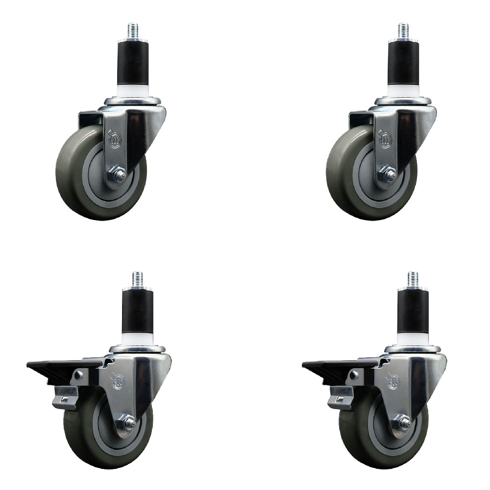 Polyurethane Swivel Expanding Stem Caster Set of 4 with 3.5 Inch Gray Wheels and 1-1/2" Stems - Includes 2 with Posi Locking Brakes - 1200 lbs Total Capacity - Service Caster Brand — photo 1