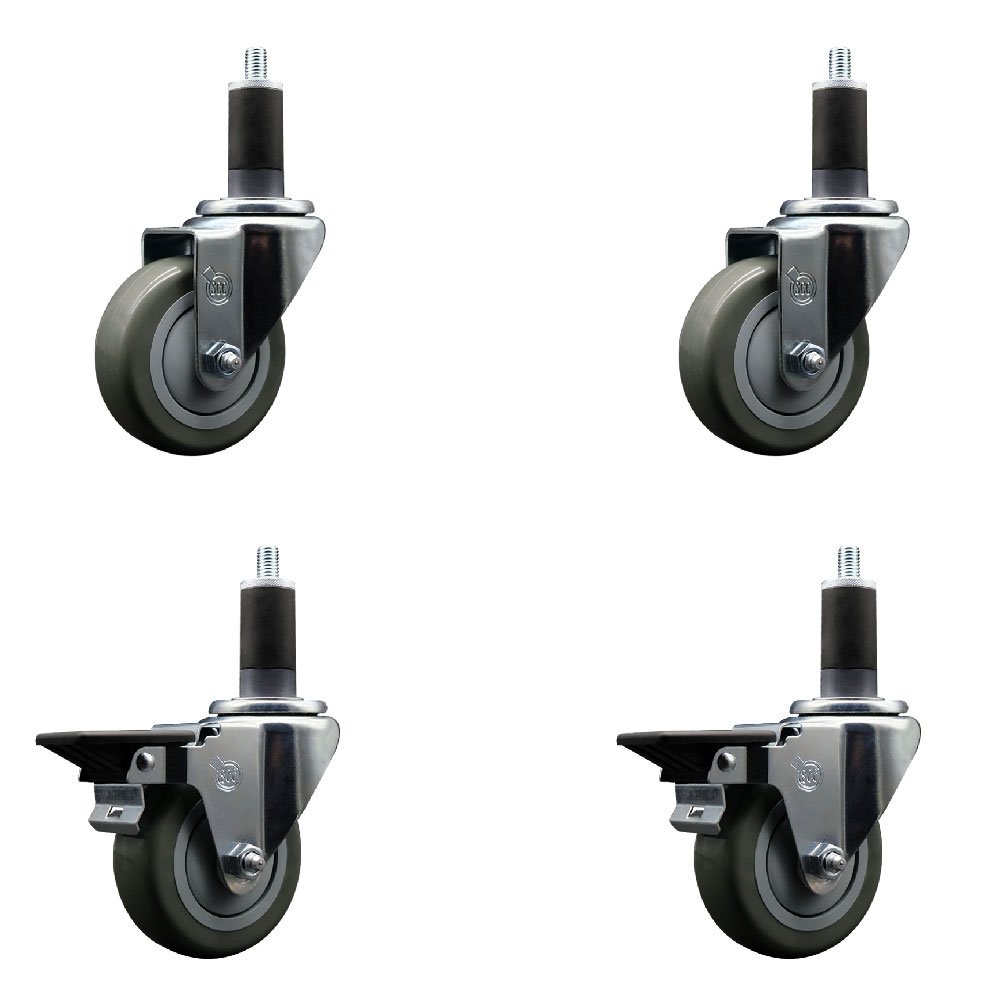 Polyurethane Swivel Expanding Stem Caster Set of 4 with 3.5 Inch Gray Wheels and 1-1/4" Stems - Includes 2 with Posi Locking Brakes - 1200 lbs Total Capacity - Service Caster Brand — photo 1