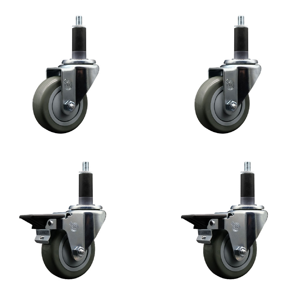 Polyurethane Swivel Expanding Stem Caster Set of 4 with 3.5 Inch Gray Wheels and 1-1/8" Stems - Includes 2 with Posi Locking Brakes - 1200 lbs Total Capacity - Service Caster Brand — photo 1