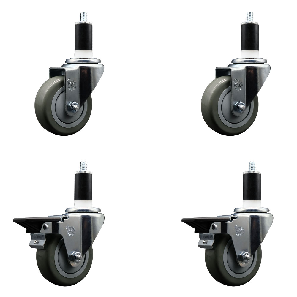 Polyurethane Swivel Expanding Stem Caster Set of 4 with 3.5 Inch Gray Wheels and 1-3/8" Stems - Includes 2 with Posi Locking Brakes - 1200 lbs Total Capacity - Service Caster Brand — photo 1