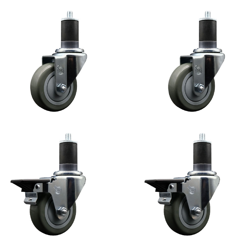 Polyurethane Swivel Expanding Stem Caster Set of 4 with 3.5 Inch Gray Wheels and 1-5/8" Stems - Includes 2 with Posi Locking Brakes - 1200 lbs Total Capacity - Service Caster Brand — photo 1
