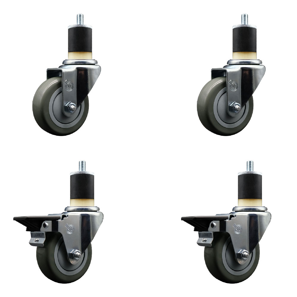 Polyurethane Swivel Expanding Stem Caster Set of 4 with 3.5 Inch Gray Wheels and 1-7/8" Stems - Includes 2 with Posi Locking Brakes - 1200 lbs Total Capacity - Service Caster Brand — photo 1