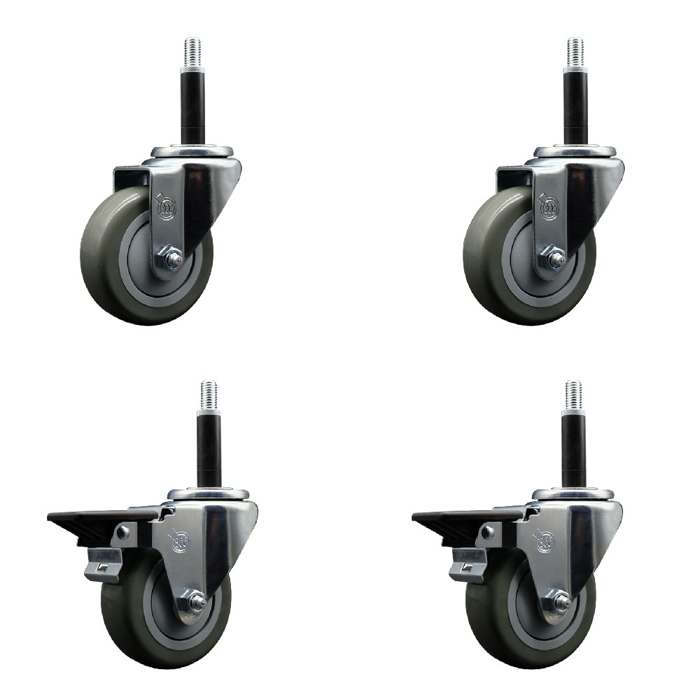 Polyurethane Swivel Expanding Stem Caster Set of 4 with 3.5 Inch Gray Wheels and 3/4" Stems - Includes 2 with Posi Locking Brakes - 1200 lbs Total Capacity - Service Caster Brand — photo 1
